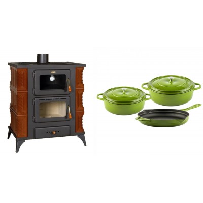 Set Kaminofen, Holzofen mit Backfach Prity, Modell FMS RK Braun, Leistung 12kW, Keramikverkleidung, Füße + Gusseisen Topf Set aus 3 teilen Solagio, Bamboo - Kaminofen - Holzofen mit Backfach