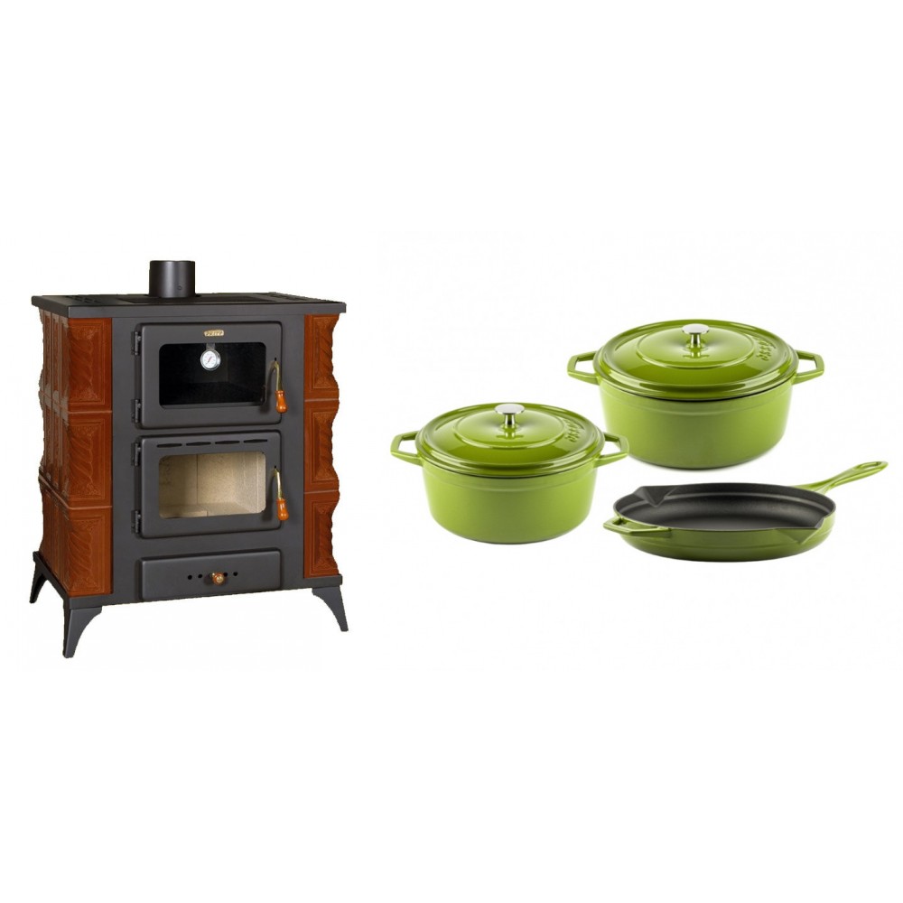 Set Kaminofen, Holzofen mit Backfach Prity, Modell FMS RK Braun, Leistung 12kW, Keramikverkleidung, Füße + Gusseisen Topf Set aus 3 teilen Solagio, Bamboo | Holzofen | Kaminofen |