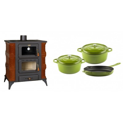 Set Kaminofen, Holzofen mit Backfach Prity, Modell FMS RK Braun, Leistung 12kW, Keramikverkleidung, Füße + Gusseisen Topf Set aus 3 teilen Solagio, Bamboo - Kaminofen - Holzofen mit Backfach