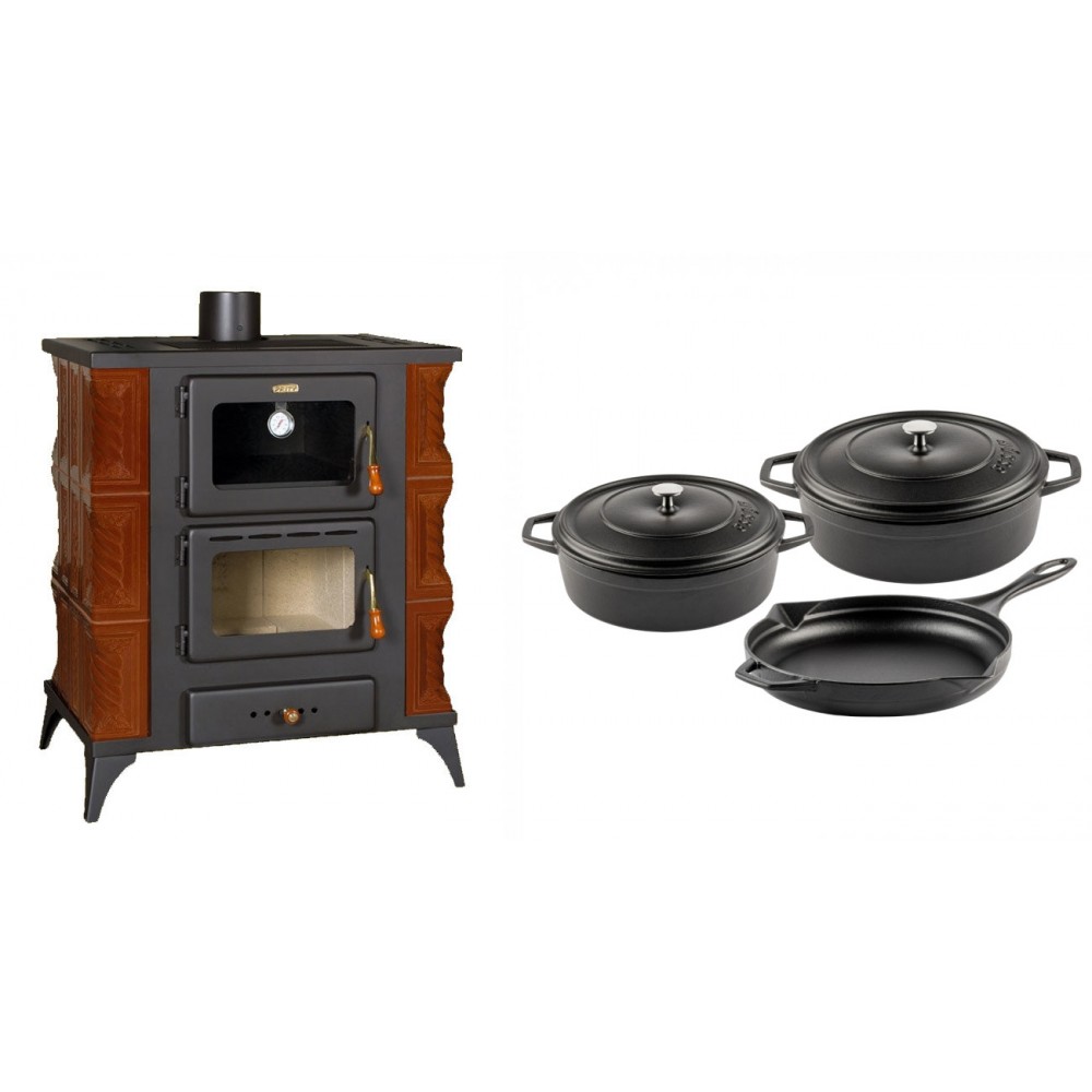 Set Kaminofen, Holzofen mit Backfach Prity, Modell FMS RK Braun, Leistung 12kW, Keramikverkleidung, Füße + Gusseisen Topf Set aus 3 teilen Solagio, Black Onyx | Holzofen | Kaminofen |