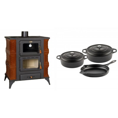 Set Kaminofen, Holzofen mit Backfach Prity, Modell FMS RK Braun, Leistung 12kW, Keramikverkleidung, Füße + Gusseisen Topf Set aus 3 teilen Solagio, Black Onyx - Kaminofen - Holzofen mit Backfach