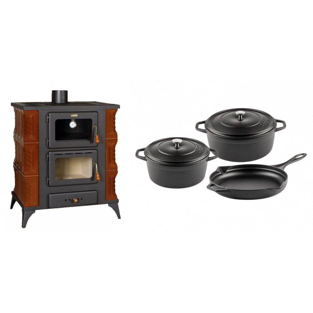 Set Kaminofen, Holzofen mit Backfach Prity, Modell FMS RK Braun, Leistung 12kW, Keramikverkleidung, Füße + Gusseisen Topf Set aus 3 teilen Solagio, Black Onyx | Holzofen | Kaminofen |