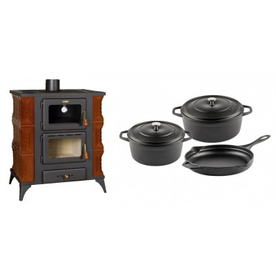 Set Kaminofen, Holzofen mit Backfach Prity, Modell FMS RK Braun, Leistung 12kW, Keramikverkleidung, Füße + Gusseisen Topf Set aus 3 teilen Solagio, Black Onyx - Kaminofen - Holzofen mit Backfach