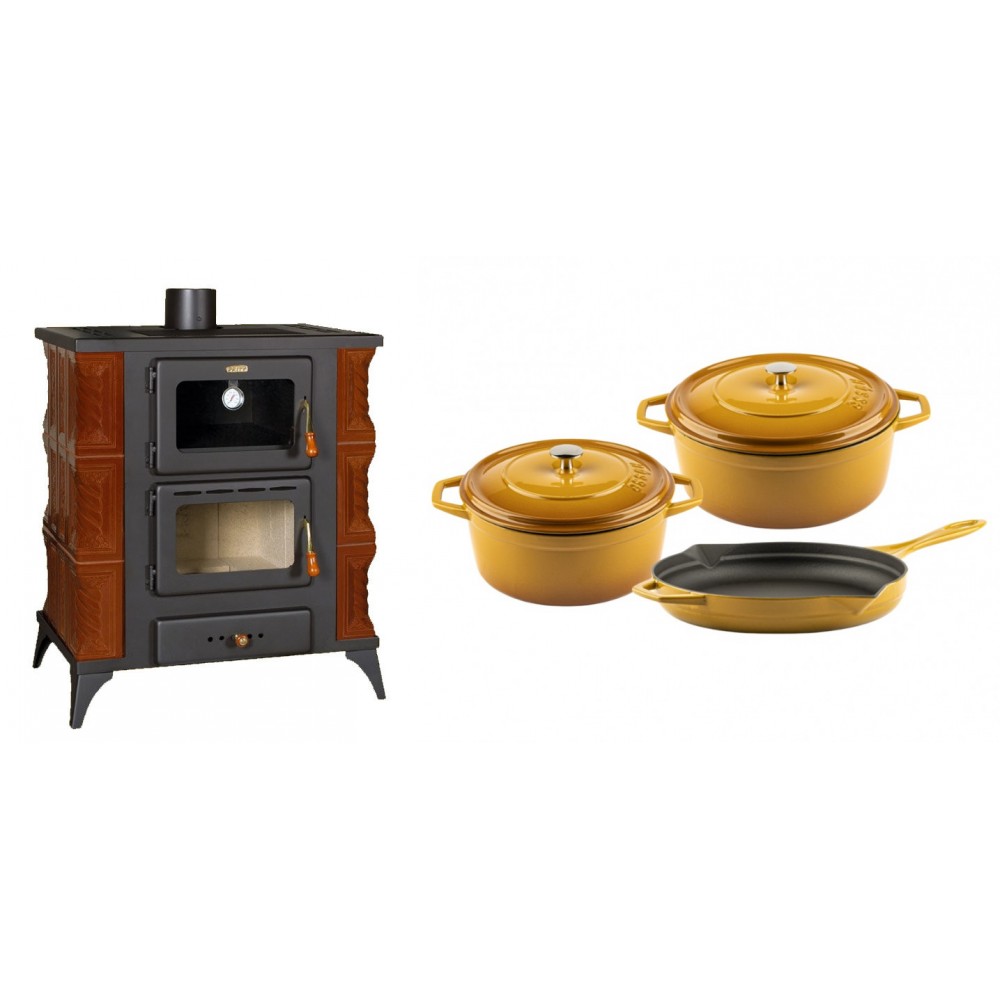 Set Kaminofen, Holzofen mit Backfach Prity, Modell FMS RK Braun, Leistung 12kW, Keramikverkleidung, Füße + Gusseisen Topf Set aus 3 teilen Solagio, Dijon