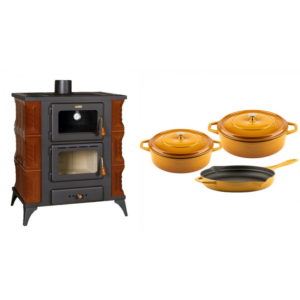 Set Kaminofen, Holzofen mit Backfach Prity, Modell FMS RK Braun, Leistung 12kW, Keramikverkleidung, Füße + Gusseisen Topf Set aus 3 teilen Solagio, Dijon | Holzofen | Kaminofen |