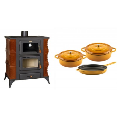 Set Kaminofen, Holzofen mit Backfach Prity, Modell FMS RK Braun, Leistung 12kW, Keramikverkleidung, Füße + Gusseisen Topf Set aus 3 teilen Solagio, Dijon - Kaminofen - Holzofen mit Backfach