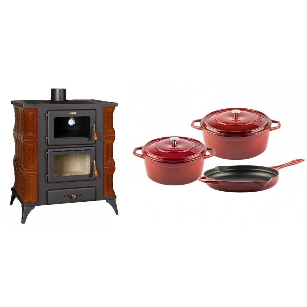 Set Kaminofen, Holzofen mit Backfach Prity, Modell FMS RK Braun, Leistung 12kW, Keramikverkleidung, Füße + Gusseisen Topf Set aus 3 teilen Solagio, Rubin | Holzofen | Kaminofen |