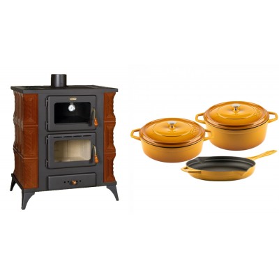 Set Kaminofen, Holzofen mit Backfach Prity, Modell FMS RK Braun, Leistung 12kW, Keramikverkleidung, Füße + Gusseisen Topf Set aus 3 teilen Solagio, Dijon - Kaminofen - Holzofen mit Backfach