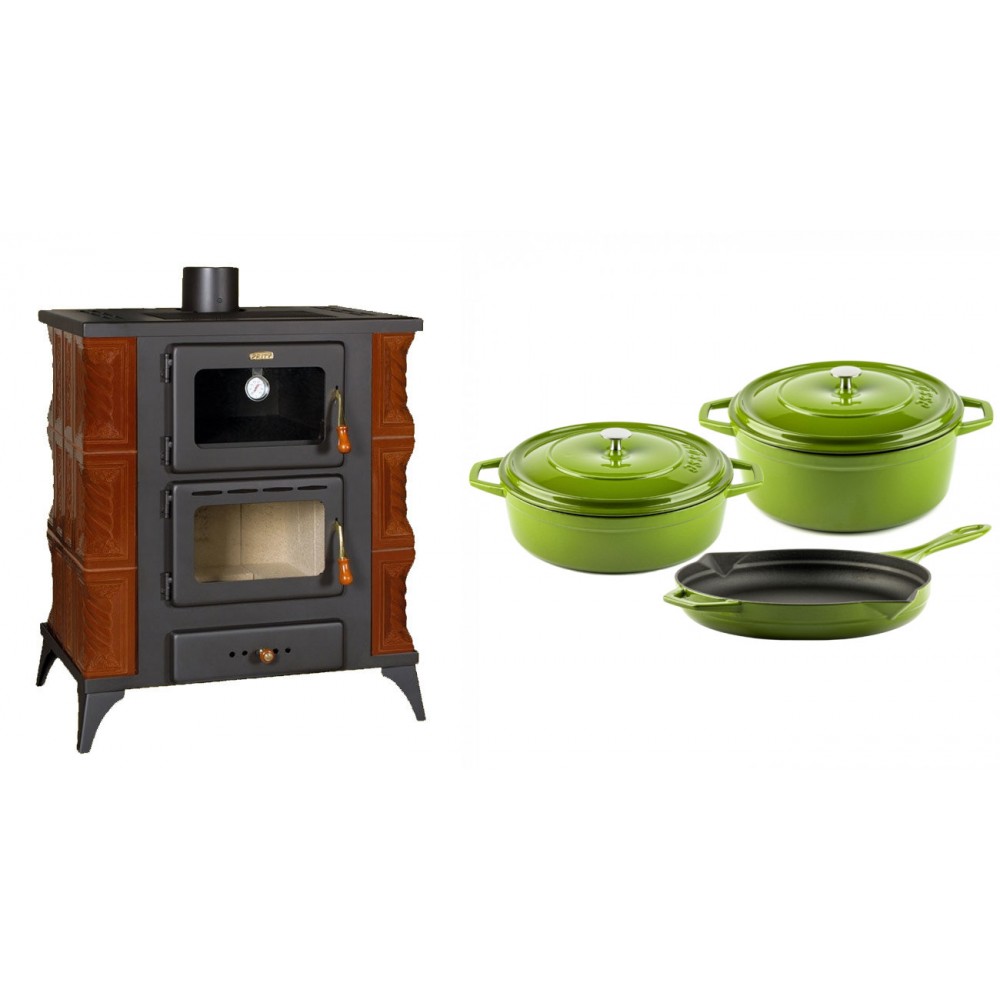 Set Kaminofen, Holzofen mit Backfach Prity, Modell FMS RK Braun, Leistung 12kW, Keramikverkleidung, Füße + Gusseisen Topf Set aus 3 teilen Solagio, Bamboo | Holzofen | Kaminofen |