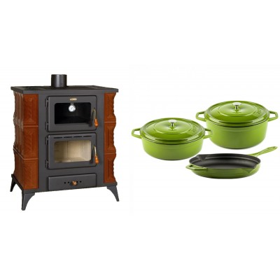 Set Kaminofen, Holzofen mit Backfach Prity, Modell FMS RK Braun, Leistung 12kW, Keramikverkleidung, Füße + Gusseisen Topf Set aus 3 teilen Solagio, Bamboo - Kaminofen - Holzofen mit Backfach