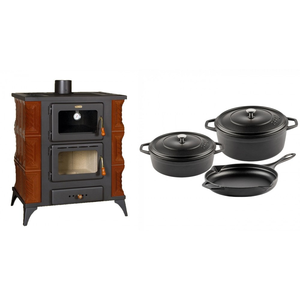 Set Kaminofen, Holzofen mit Backfach Prity, Modell FMS RK Braun, Leistung 12kW, Keramikverkleidung, Füße + Gusseisen Topf Set aus 3 teilen Solagio, Black Onyx | Holzofen | Kaminofen |