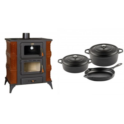 Set Kaminofen, Holzofen mit Backfach Prity, Modell FMS RK Braun, Leistung 12kW, Keramikverkleidung, Füße + Gusseisen Topf Set aus 3 teilen Solagio, Black Onyx - Kaminofen - Holzofen mit Backfach