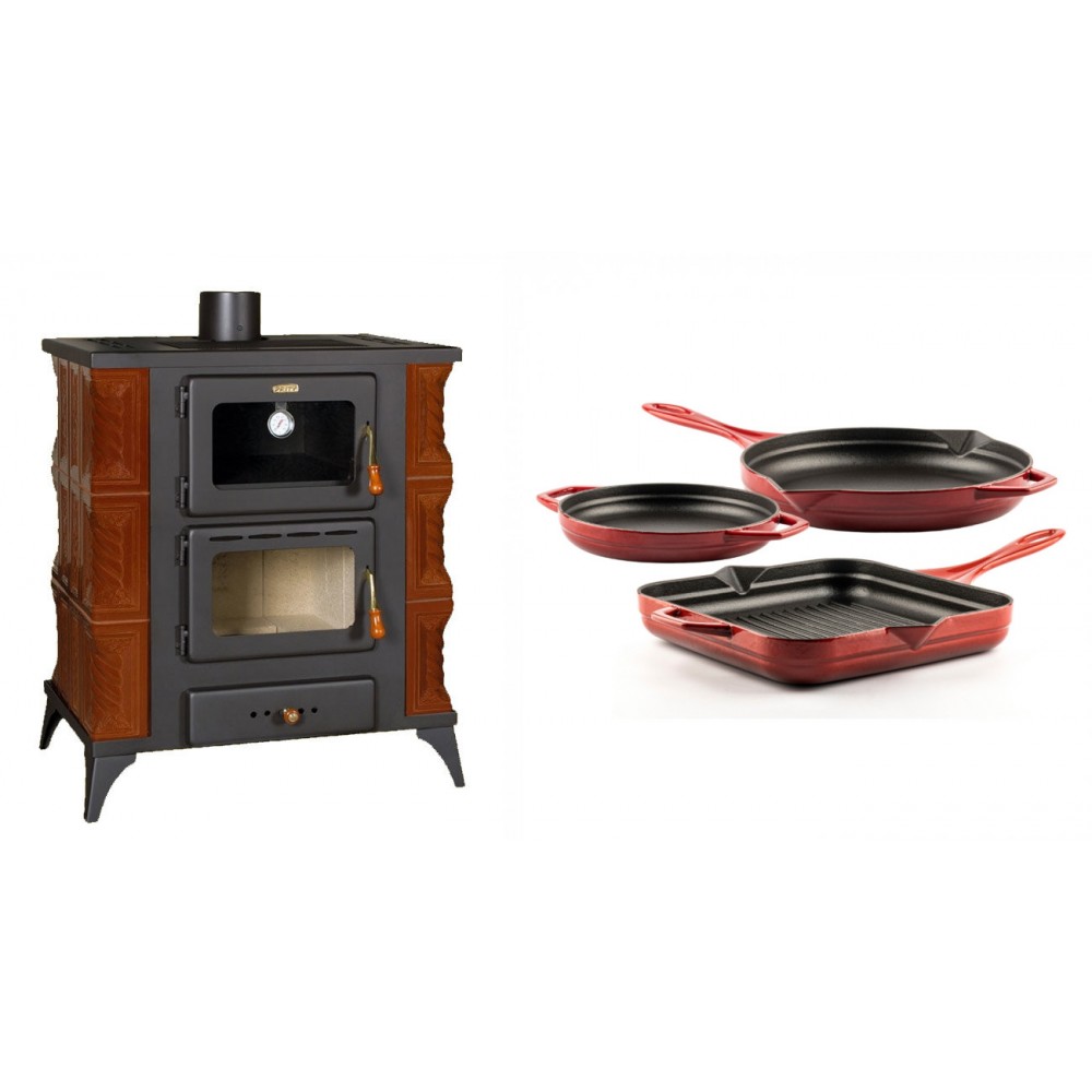 Set Kaminofen, Holzofen mit Backfach Prity, Modell FMS RK Braun, Leistung 12kW, Keramikverkleidung, Füße + Gusseisen Topf Set aus 3 teilen Solagio, Rubin