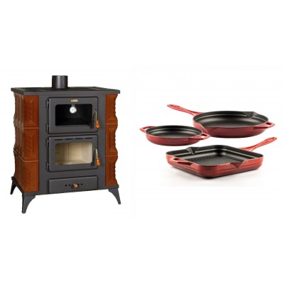 Set Kaminofen, Holzofen mit Backfach Prity, Modell FMS RK Braun, Leistung 12kW, Keramikverkleidung, Füße + Gusseisen Topf Set aus 3 teilen Solagio, Rubin - Kaminofen - Holzofen mit Backfach