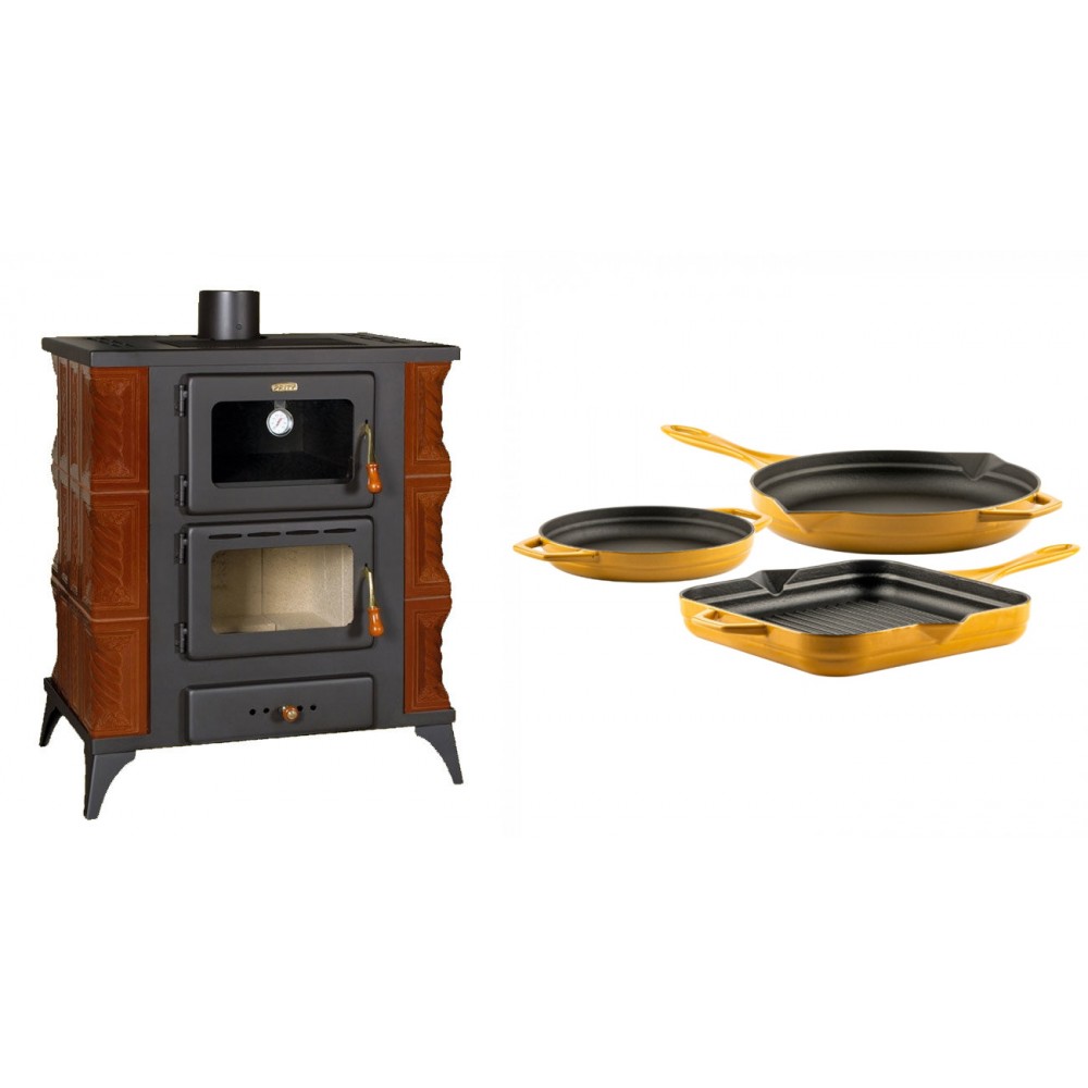 Set Kaminofen, Holzofen mit Backfach Prity, Modell FMS RK Braun, Leistung 12kW, Keramikverkleidung, Füße + Gusseisen Topf Set aus 3 teilen Solagio, Dijon