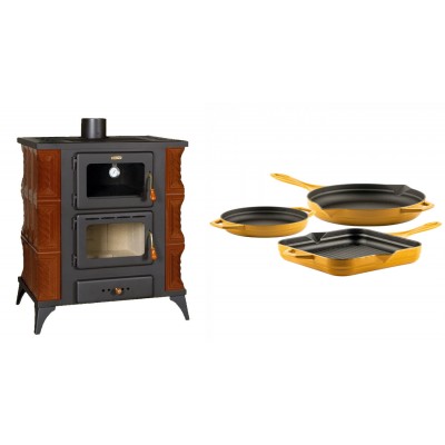 Set Kaminofen, Holzofen mit Backfach Prity, Modell FMS RK Braun, Leistung 12kW, Keramikverkleidung, Füße + Gusseisen Topf Set aus 3 teilen Solagio, Dijon - Kaminofen - Holzofen mit Backfach