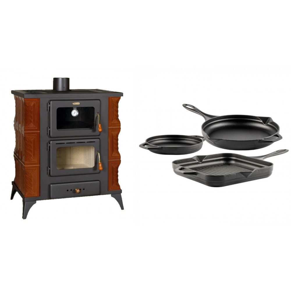 Set Kaminofen, Holzofen mit Backfach Prity, Modell FMS RK Braun, Leistung 12kW, Keramikverkleidung, Füße + Gusseisen Topf Set aus 3 teilen Solagio, Black Onyx | Holzofen | Kaminofen |