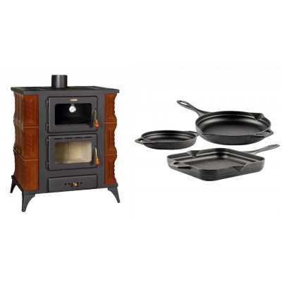 Set Kaminofen, Holzofen mit Backfach Prity, Modell FMS RK Braun, Leistung 12kW, Keramikverkleidung, Füße + Gusseisen Topf Set aus 3 teilen Solagio, Black Onyx - Kaminofen - Holzofen mit Backfach