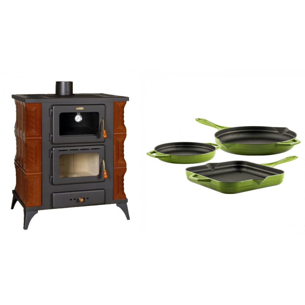 Set Kaminofen, Holzofen mit Backfach Prity, Modell FMS RK Braun, Leistung 12kW, Keramikverkleidung, Füße + Gusseisen Topf Set aus 3 teilen Solagio, Bamboo