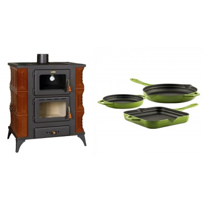 Set Kaminofen, Holzofen mit Backfach Prity, Modell FMS RK Braun, Leistung 12kW, Keramikverkleidung, Füße + Gusseisen Topf Set aus 3 teilen Solagio, Bamboo - Kaminofen - Holzofen mit Backfach