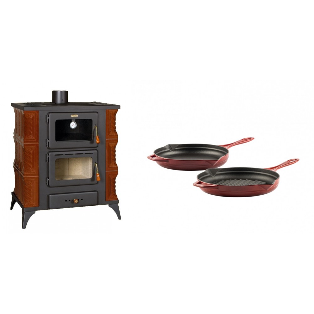 Set Kaminofen, Holzofen mit Backfach Prity, Modell FMS RK Braun, Leistung 12kW, Keramikverkleidung, Füße + Gusseisen Topf Set aus 2 teilen Solagio, Rubin | Holzofen | Kaminofen |