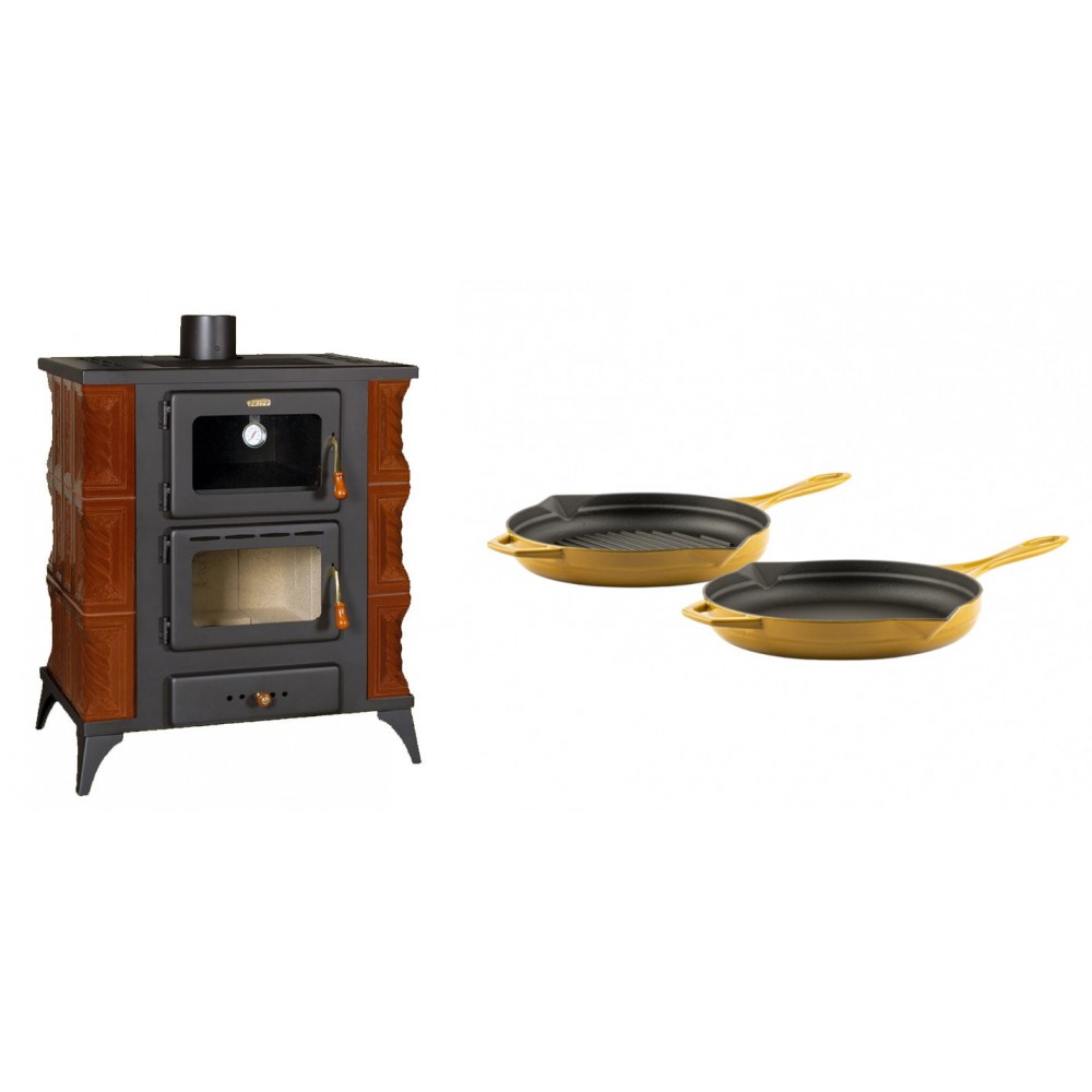 Set Kaminofen, Holzofen mit Backfach Prity, Modell FMS RK Braun, Leistung 12kW, Keramikverkleidung, Füße + Gusseisen Topf Set aus 2 teilen Solagio, Dijon | Holzofen | Kaminofen |