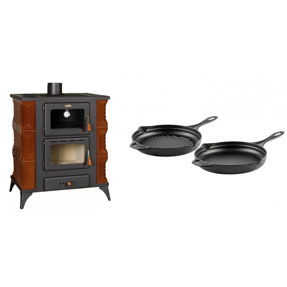 Set Kaminofen, Holzofen mit Backfach Prity, Modell FMS RK Braun, Leistung 12kW, Keramikverkleidung, Füße + Gusseisen Topf Set aus 2 teilen Solagio, Black Onyx | Holzofen | Kaminofen |