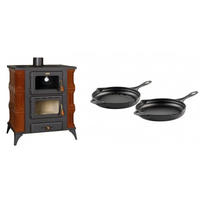 Set Kaminofen, Holzofen mit Backfach Prity, Modell FMS RK Braun, Leistung 12kW, Keramikverkleidung, Füße + Gusseisen Topf Set aus 2 teilen Solagio, Black Onyx - Kaminofen - Holzofen mit Backfach