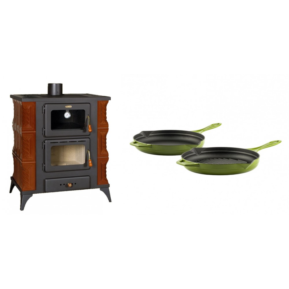 Set Kaminofen, Holzofen mit Backfach Prity, Modell FMS RK Braun, Leistung 12kW, Keramikverkleidung, Füße + Gusseisen Topf Set aus 2 teilen Solagio, Bamboo | Holzofen | Kaminofen |