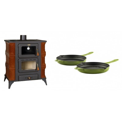 Set Kaminofen, Holzofen mit Backfach Prity, Modell FMS RK Braun, Leistung 12kW, Keramikverkleidung, Füße + Gusseisen Topf Set aus 2 teilen Solagio, Bamboo - Kaminofen - Holzofen mit Backfach