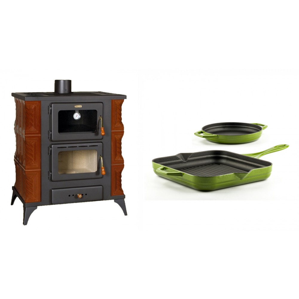 Set Kaminofen, Holzofen mit Backfach Prity, Modell FMS RK Braun, Leistung 12kW, Keramikverkleidung, Füße + Gusseisen Topf Set aus 2 teilen Solagio, Bamboo