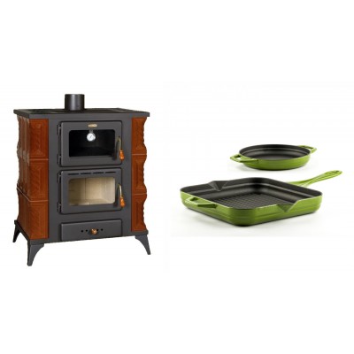 Set Kaminofen, Holzofen mit Backfach Prity, Modell FMS RK Braun, Leistung 12kW, Keramikverkleidung, Füße + Gusseisen Topf Set aus 2 teilen Solagio, Bamboo - Kaminofen - Holzofen mit Backfach