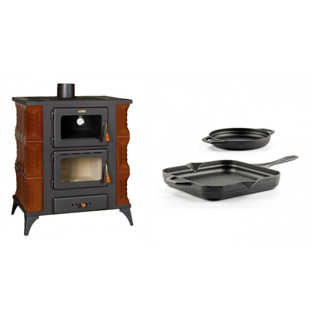 Set Kaminofen, Holzofen mit Backfach Prity, Modell FMS RK Braun, Leistung 12kW, Keramikverkleidung, Füße + Gusseisen Topf Set aus 2 teilen Solagio, Black Onyx | Holzofen | Kaminofen |