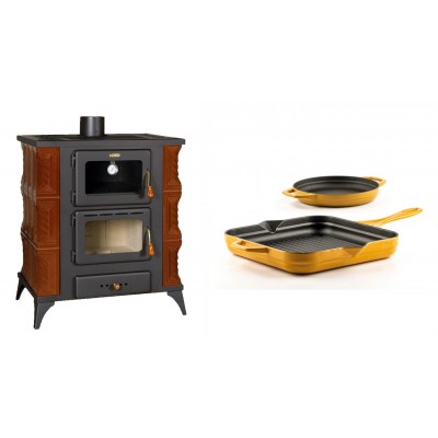 Set Kaminofen, Holzofen mit Backfach Prity, Modell FMS RK Braun, Leistung 12kW, Keramikverkleidung, Füße + Gusseisen Topf Set aus 2 teilen Solagio, Dijon - Kaminofen - Holzofen mit Backfach