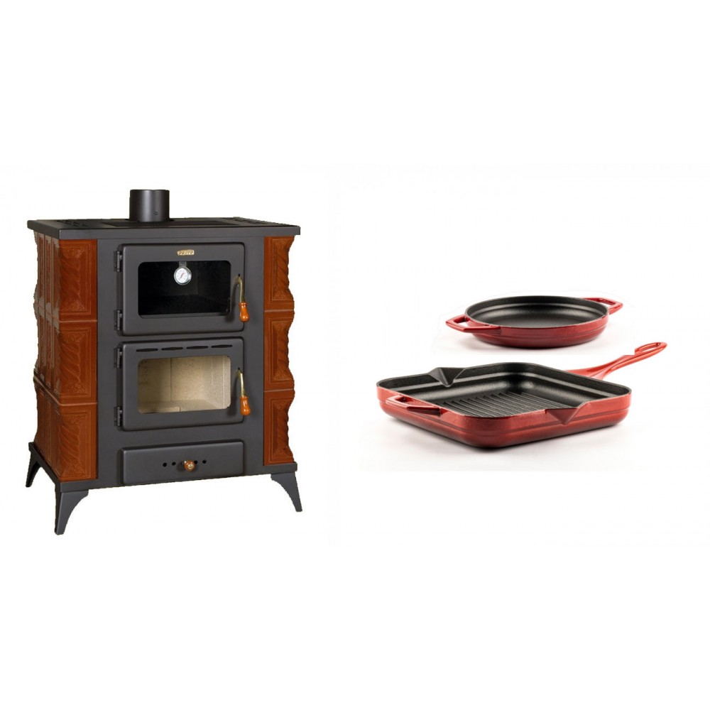 Set Kaminofen, Holzofen mit Backfach Prity, Modell FMS RK Braun, Leistung 12kW, Keramikverkleidung, Füße + Gusseisen Topf Set aus 2 teilen Solagio, Rubin