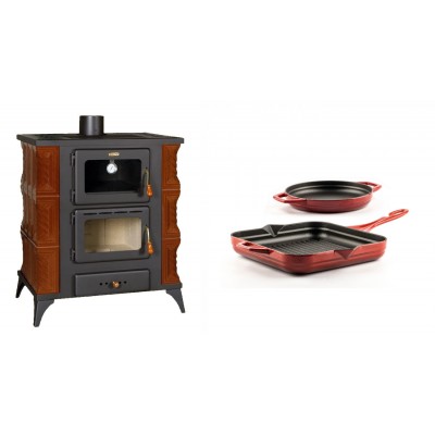 Set Kaminofen, Holzofen mit Backfach Prity, Modell FMS RK Braun, Leistung 12kW, Keramikverkleidung, Füße + Gusseisen Topf Set aus 2 teilen Solagio, Rubin - Kaminofen - Holzofen mit Backfach