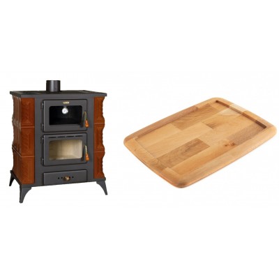 Set Kaminofen, Holzofen mit Backfach Prity, Modell FMS RK Braun, Leistung 12kW, Keramikverkleidung, Füße + Holz untersetzer für gusseisenplatte Solagio HSST2131 - Kaminofen - Holzofen mit Backfach
