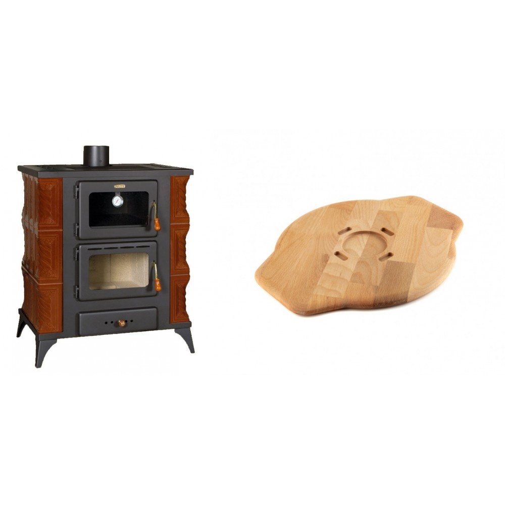 Set Kaminofen, Holzofen mit Backfach Prity, Modell FMS RK Braun, Leistung 12kW, Keramikverkleidung, Füße + Holz untersetzer für Gusseisenplatte Solagio HSYSAK28 | Holzofen | Kaminofen |