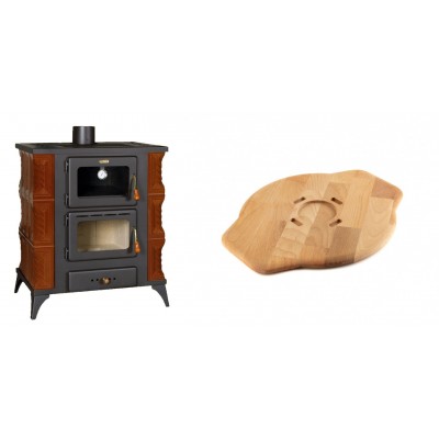 Set Kaminofen, Holzofen mit Backfach Prity, Modell FMS RK Braun, Leistung 12kW, Keramikverkleidung, Füße + Holz untersetzer für Gusseisenplatte Solagio HSYSAK28 - Kaminofen - Holzofen mit Backfach