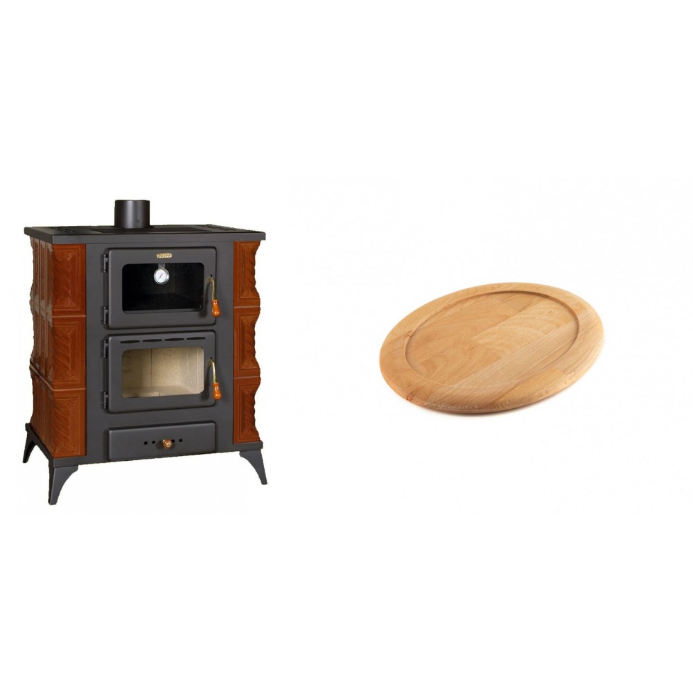 Set Kaminofen, Holzofen mit Backfach Prity, Modell FMS RK Braun, Leistung 12kW, Keramikverkleidung, Füße + Holz untersetzer für ovale gusseisenpfanne Solagio HSFT1825
