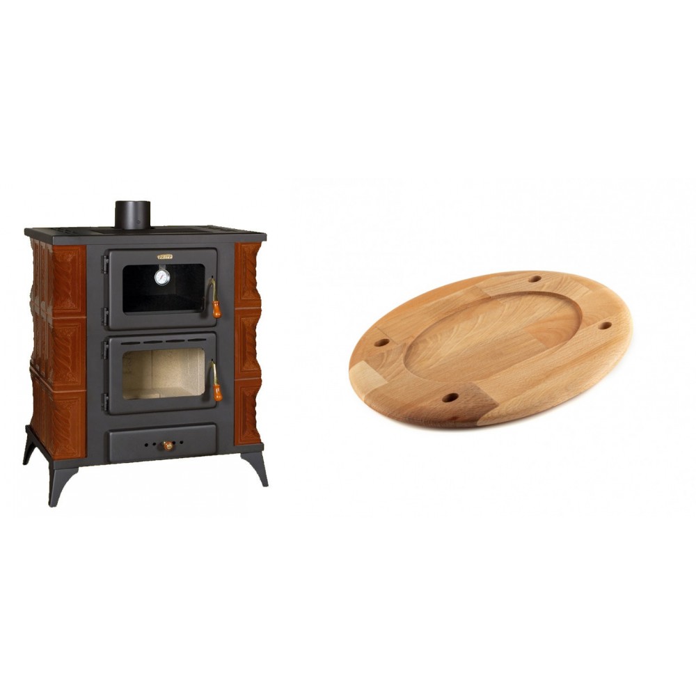 Set Kaminofen, Holzofen mit Backfach Prity, Modell FMS RK Braun, Leistung 12kW, Keramikverkleidung, Füße + Holz untersetzer für ovale platte Solagio HSOISK2533, 25x33cm | Holzofen | Kaminofen |