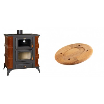 Set Kaminofen, Holzofen mit Backfach Prity, Modell FMS RK Braun, Leistung 12kW, Keramikverkleidung, Füße + Holz untersetzer für ovale platte Solagio HSOISK1728, 17x28cm - Kaminofen - Holzofen mit Backfach