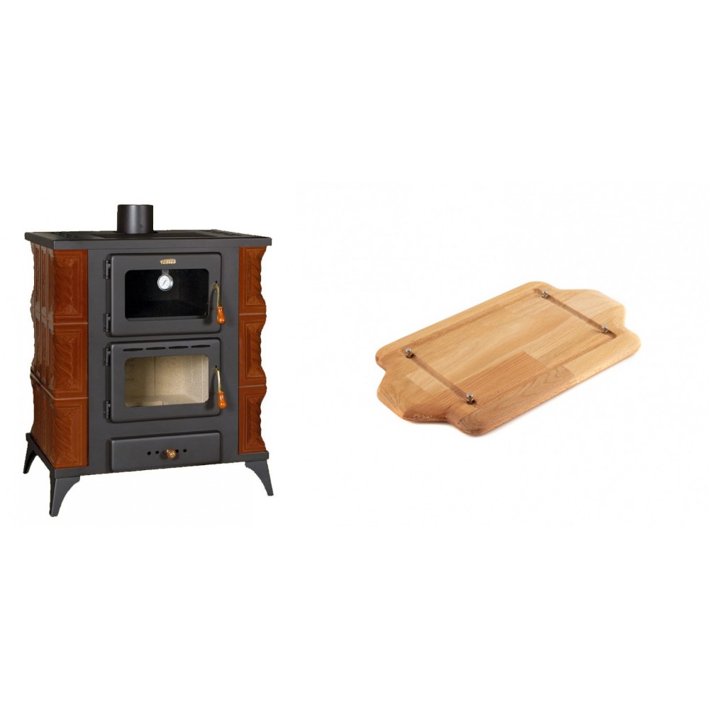 Set Kaminofen, Holzofen mit Backfach Prity, Modell FMS RK Braun, Leistung 12kW, Keramikverkleidung, Füße + Holz untersetzer für mini-gusseisenplatte Solagio HSDDHP1522 | Holzofen | Kaminofen |