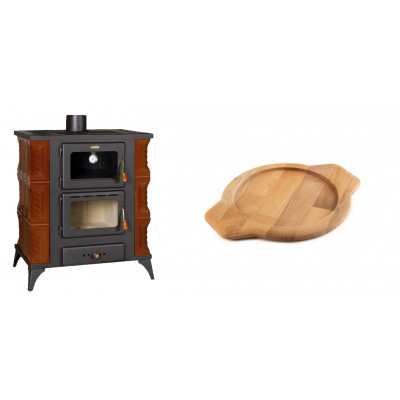 Set Kaminofen, Holzofen mit Backfach Prity, Modell FMS RK Braun, Leistung 12kW, Keramikverkleidung, Füße + Holz untersetzer für gusseisenschüssel Solagio HSYKTV22 - Kaminofen - Holzofen mit Backfach