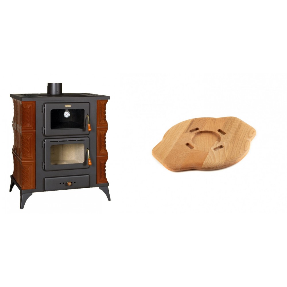 Set Kaminofen, Holzofen mit Backfach Prity, Modell FMS RK Braun, Leistung 12kW, Keramikverkleidung, Füße + Holz untersetzer für gusseisenplatte Solagio HSYSAK20