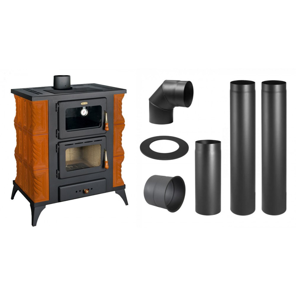 Set Kaminofen, Holzofen mit Backfach Prity, Modell FMS RK, Leistung 12kW, Keramikverkleidung, Füße + Schornstein Bausatz PARKANEX, Stahl Ø130, Dicke 2mm | Holzofen | Kaminofen |