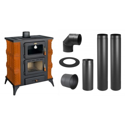 Set Kaminofen, Holzofen mit Backfach Prity, Modell FMS RK, Leistung 12kW, Keramikverkleidung, Füße + Schornstein Bausatz PARKANEX, Stahl Ø130, Dicke 2mm - Kaminofen - Holzofen mit Backfach