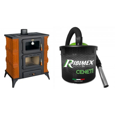 Set Kaminofen, Holzofen mit Backfach Prity, Modell FMS RK, Leistung 12kW, Keramikverkleidung, Füße + Elektrischer Aschesauger Ribimex, Modell Cenetì, Fassungsvermögen 15 L - Kaminofen - Holzofen mit Backfach