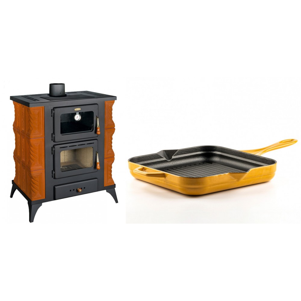 Set Kaminofen, Holzofen mit Backfach Prity, Modell FMS RK, Leistung 12kW, Keramikverkleidung, Füße + Emaillierte grillpfanne Gusseisen Solagio, Dijon, 28х28cm