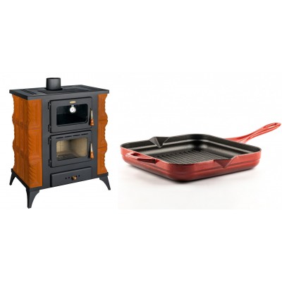 Set Kaminofen, Holzofen mit Backfach Prity, Modell FMS RK, Leistung 12kW, Keramikverkleidung, Füße + Emaillierte grillpfanne Gusseisen Solagio, Rubin, 28x28cm - Kaminofen - Holzofen mit Backfach